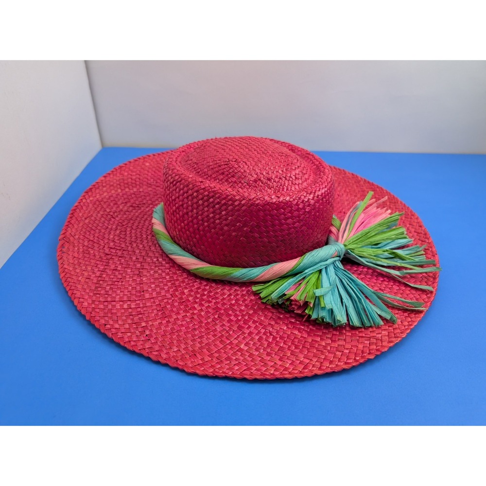 Womens Wide Brim Pink Straw Hat Sun Beach Colorful Tassel Accent